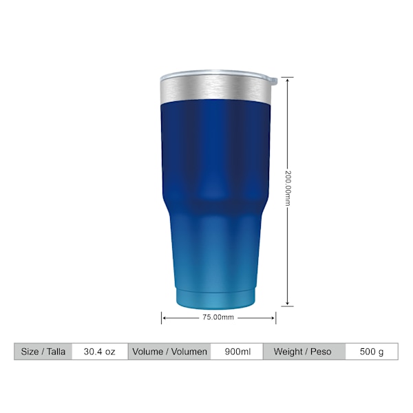 Kaffetermosmugg 900ml (10 färger) och tekopp för hand eller bil - Termosmugg i rostfritt stål med lock, rostfri stålkopp. Azul Degradado