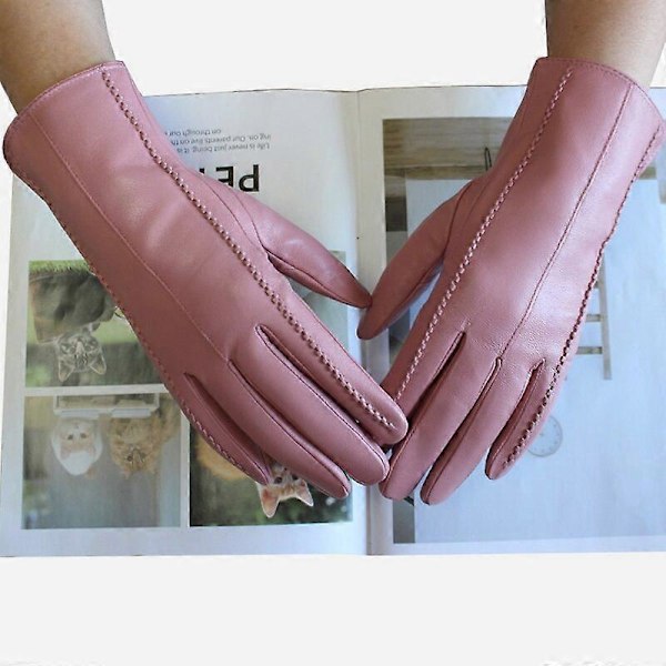 Uudet naisten nahkahanskat, lyhyet lampaannahkaiset raidalliset samettivuoriset talvihanskat kylmään ja lämpöön LGL Pinkki Pink 8