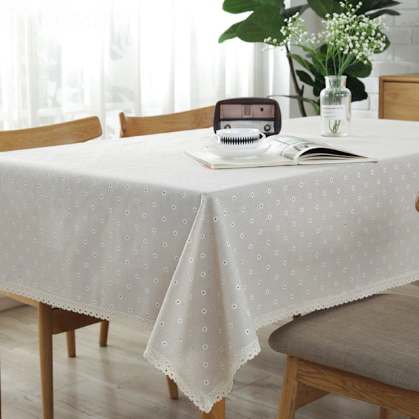 Bordsduk med prästkragemönster, storsäljare i linne och bomull med spetskant, rektangulär bordsduk för hem och hotell, textil White 140x140cm
