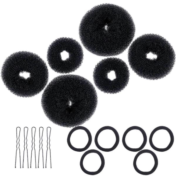 Sort Hårstyling Sæt med Donut Hårknold Maker Elastikker U-formede Clips til Hårbrug 3 Sæt Black 10X10cm
