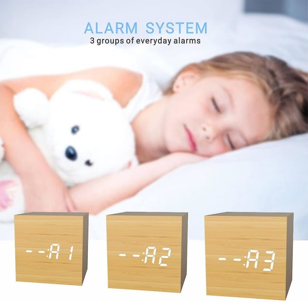 Digital väckarklocka, Trä LED-ljus Mini Modern Cube Skrivbordsväckarklocka Visar Tid Datum Temperatur För Barn, Sovrum, Hem, Resestil 3