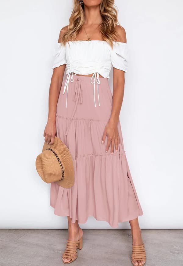 Kvinders Boho Elastisk Høj Talje A-linje Flæse Sving Strand Maxi Nederdele med P