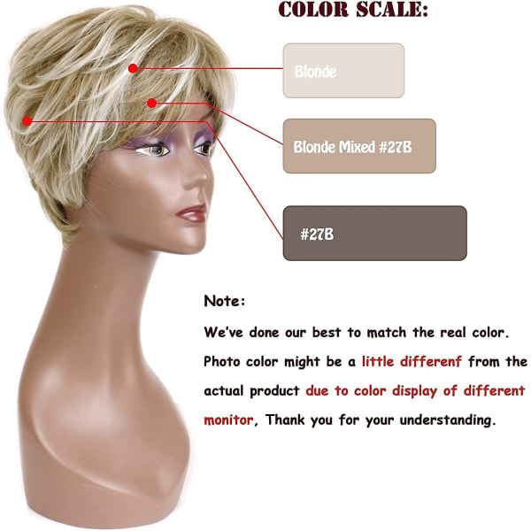 Kort blond peruk kvinnors naturlig blond kort nisseperuk syntetiskt hår peruk för kvinnor (blond mix brun)