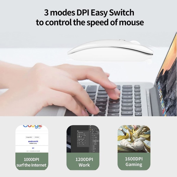 Uppladdningsbar trådlös Bluetooth mus, 3 Dpi-justeringshastigheter, tyst klick, kompatibel med alla bärbara datorer/ipad/mac/pc, trådlös nano- USB -mottagare (whit