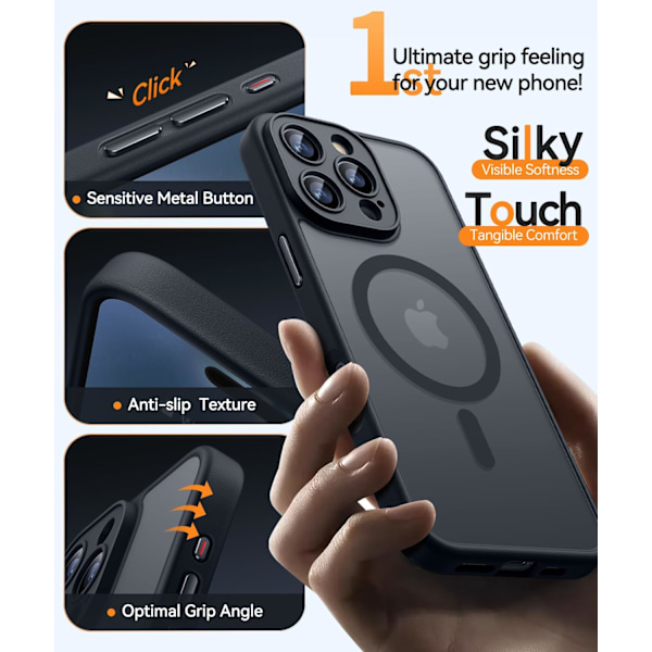Magnetiskt skal för iPhone 16 Pro Max med fullständigt kameraskydd [Kompatibelt med MagSafe] [Transparent matt] Skyddande mobilskal, Lila Svart Black iPhone 16 Pro Max