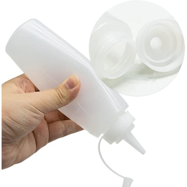 Set med 2 x 230 ml plastflaskor med lock för ketchup, klämflaskor för ketchup, etikett