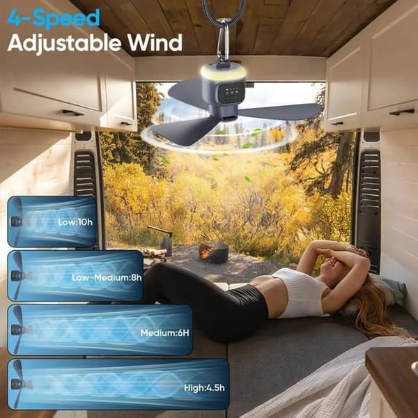 12000mAh Bærbar Campingventilator med Lys til Camping, USB, til Telt, Pavillon, Autocamper, Soveværelse