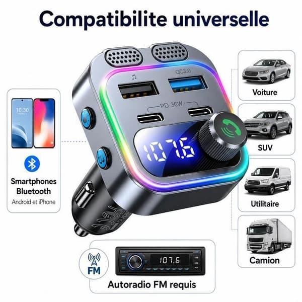 Bluetooth FM-lähetin, langaton Bluetooth-vastaanotin, MP3-soitin 5V/2.4