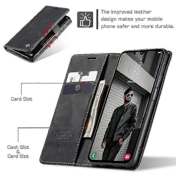 kompatibel Samsung Galaxy A16 5G/ A16 4G Deksel CASEME 013 Serie Kortholder Stativ Lær Telefon Deksel_Gave til G Black