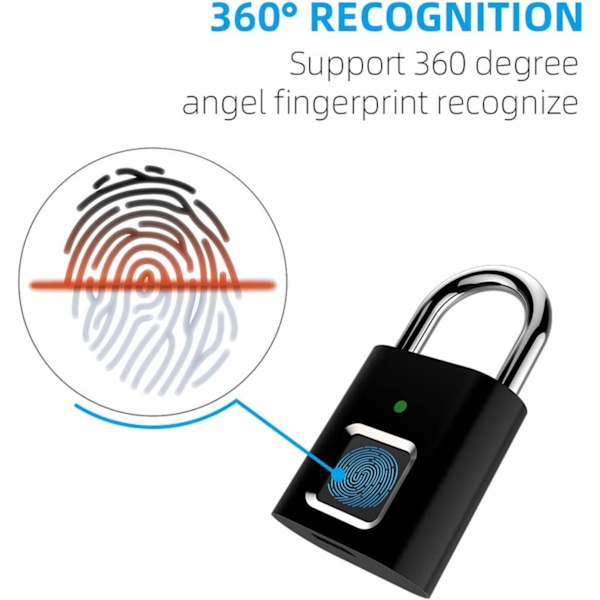 Fingerprint Lock, Smart Keyless Hänglås, USB Uppladdningsbart, Gym Skåplås, Kombinationslås, för Ryggsäckar, Resväskor, Cyklar, Bagage