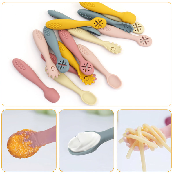 3 st Silikonsked och gaffel för baby, set med matningsredskap, matning, småbarn, lära sig äta, träning, mjuk gaffel, bestick, barnservis 008-mustard