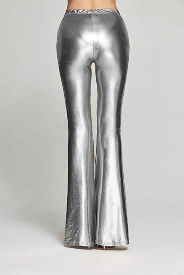 Dame Shiny Metallic Pailletter Høj Talje Elastiske Bell-Bottom Bukser Sølv Silver S