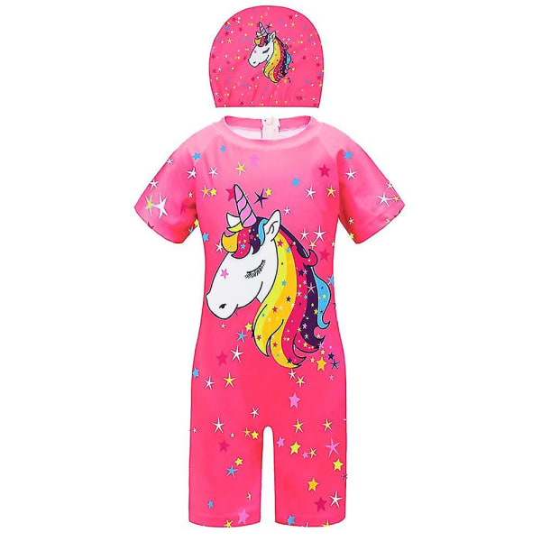 4-8 år Girl Unicorn Baddräkt i ett stycke med cap Rose Red 4-5 Years