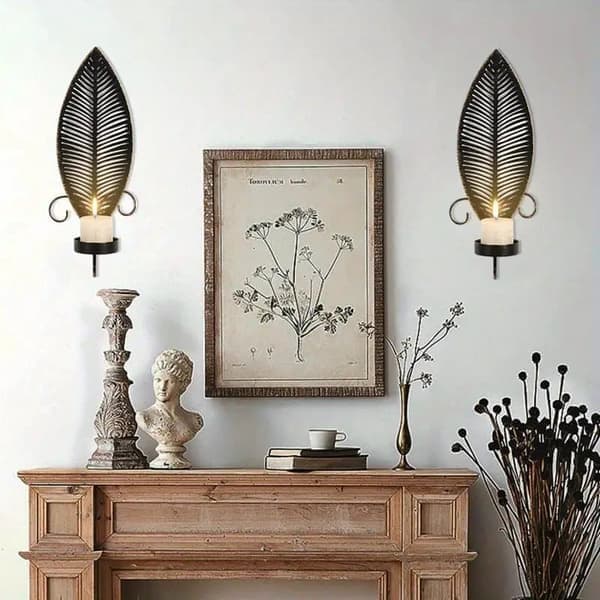 2-pack Metal Wall Sconces – Rustic Table & Wall Decoration without Candles with Leaf Pattern for Home