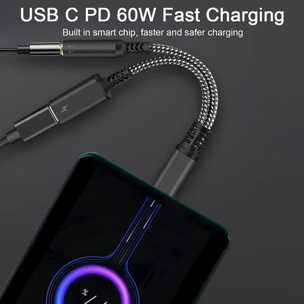 USB C til 3,5 mm jack-adapter, 2 i 1 med 60W PD hurtigopladning.