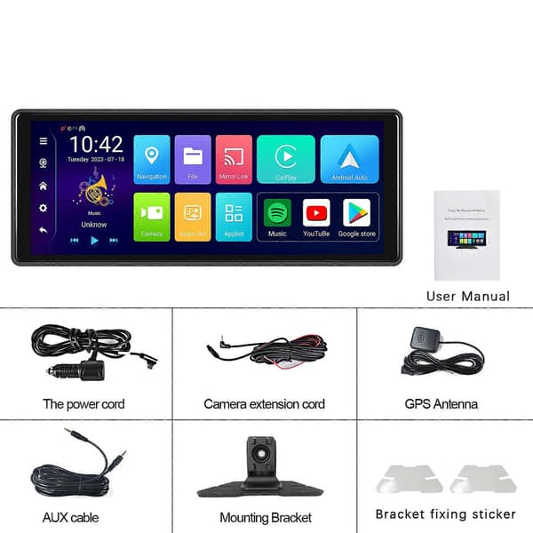 For Android System 10.26\" HD-skjerm Bilvideospiller Støtte for Carplay & For Android Auto med GPS WIFI Støtte DVR-opptak