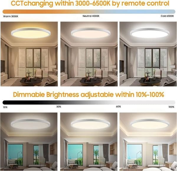 Dimmable LED Ceiling Light - with Remote Control, Ceiling Lamp, Living Room Lamp, Flat Round, Interior, 1 pc, 29×29×3 cm