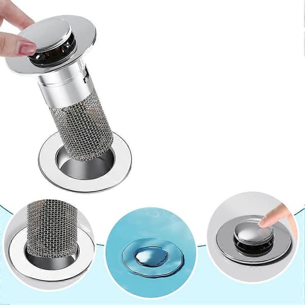 Universal -Up Avløpsstopper Avløp med en diameter på 2,8-3,3 cm Avtakbart rustfritt stålfilter Silver