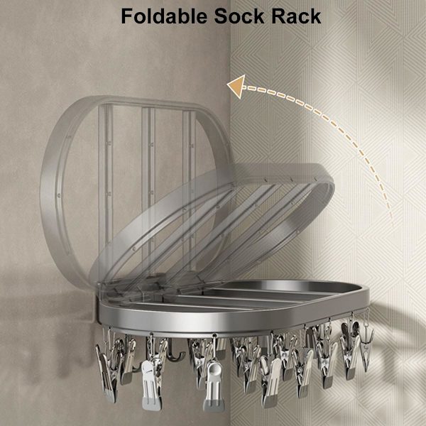 Wall Mounted Sock Dryer, Foldable Laundry Rack with 24 Clips C