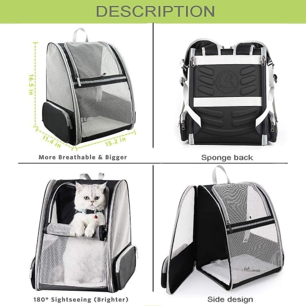 Kattryggsäck med dubbel axel, Portabel Panoramic Transparent Pet Space Bag för katter, klassisk svart