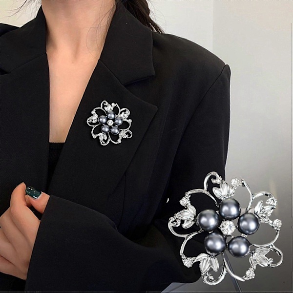 Kvinnobrosch Ihålig Blomma Faux Pärla Strass Legering Halkfri Axelväska Kostymkappa Krage Grey