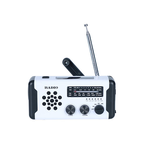 Solcelledrevet nødradio med håndsveiv AM FM værradio, SOS, 3 moduser, leselampe White