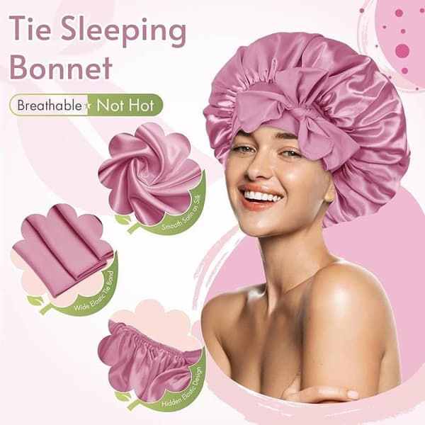 XJYDNCG Justerbar Satin Nattehårshætte til kvinder til søvn og makeup - Mørk Pink
