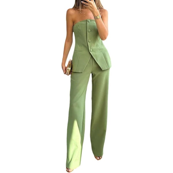 Casual med tubtopp för kvinnor kostymbyxor ärmlösa dräkter tubtopp hög midja breda ben Green L