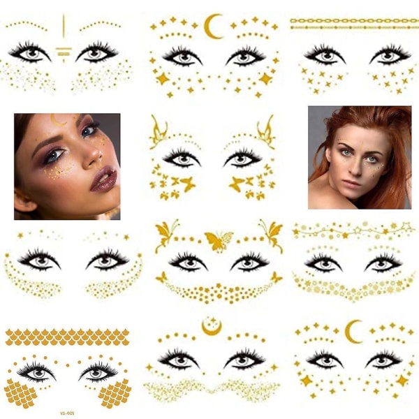 Tillfällig ansiktstatuering, 10 delar metalliska festansiktsklistermärken Tillfälliga ansiktstatueringar Guld Glitter Face Stickers för kvinnor tjejer