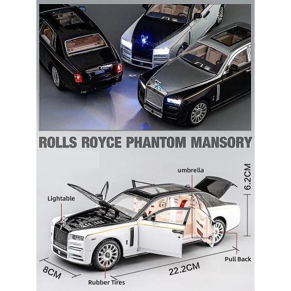 1/24 Rolls Royce Phantom Leksaksbilmodell Diecast Metall Lyx Miniatyr Drag tillbaka Ljud Ljus Dörr Öppningsbar Samling Present Barn Rolls Royce Phantom