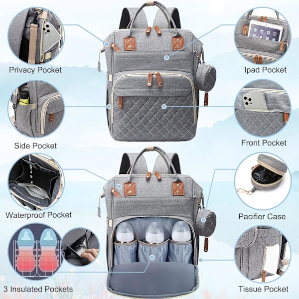 Stor skötväska, vattentät multifunktionell unisex-ryggsäck, elegant reseryggsäck för mamma Gray