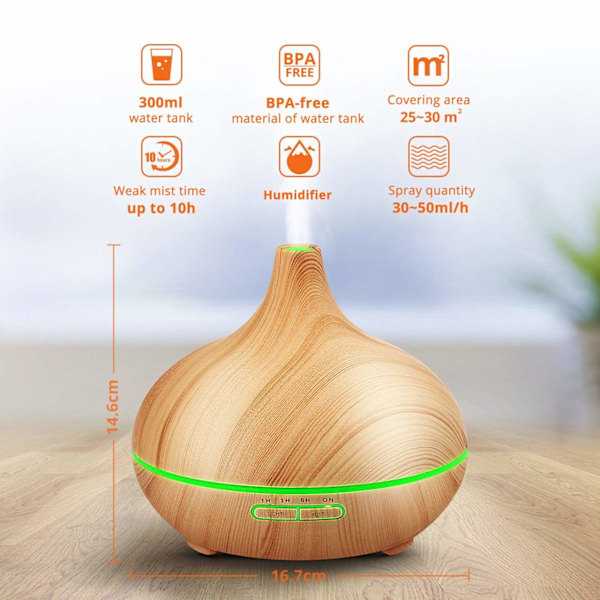 300 ml ultralyd luftfugter med aromaterapi, LED-lys og timer Madera