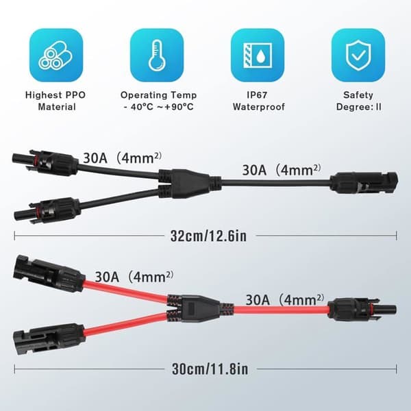 Solpanelkabelstik Professionel 1 til 2 gren Y-stik Soladapter 1000V DC 30A 4mm² (4 stk.)