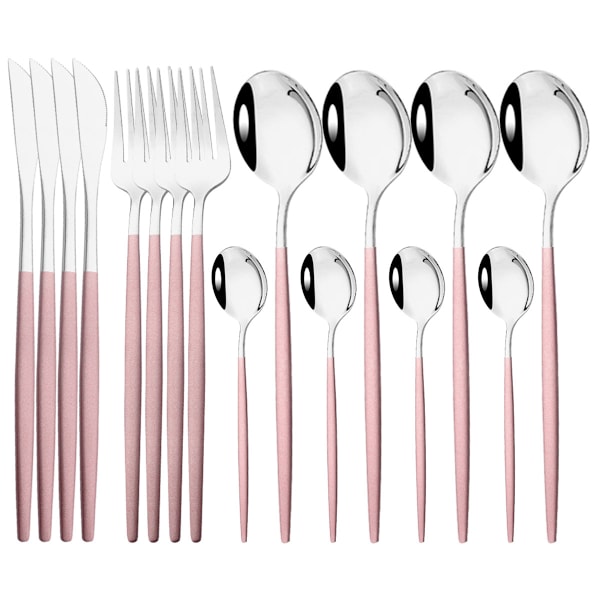 16 stk. Kniv, Kniv, Bestiksæt til Aftensmad i Ahorn Rustfrit Stål Rosa Pink Silver