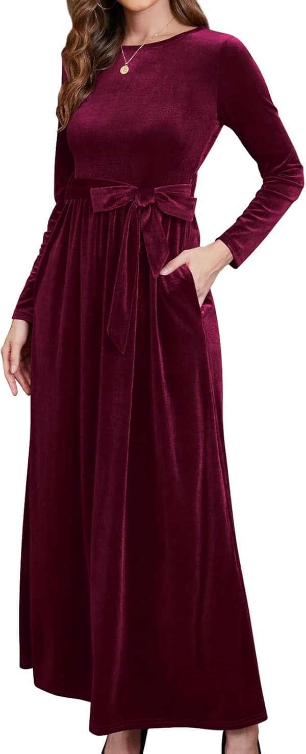 MOON Damklänning Jul Långärmad Sammet Vinter Formell Elegant Höst Maxi Festklänning 1#vinröd Stor