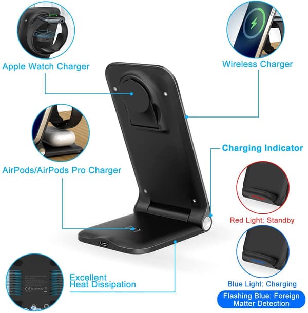 Wireless Charger, 15W Foldable 3-in-1 Wireless Charging Station