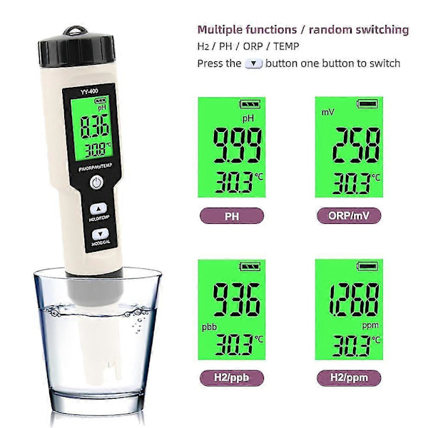 4 in 1 YY-400 PH/ORP/H2&TEM Mittari Digitaalinen vetykonsentraation testaaja akvaarioon, uima-altaaseen As shown