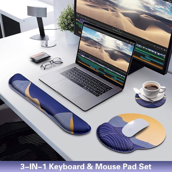 Musematte med håndleddsstøtte, Qomolama 3-i-1 håndleddsstøtte musematte sett, Gaming musematte med anti-skli base, Ergonomisk musematte, Memory Foam tastatur Golden Mountain-purple