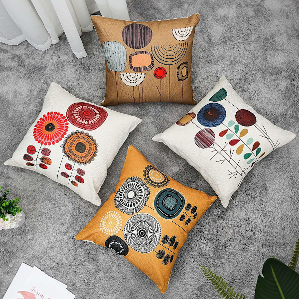 Sett med 4 dekorative putetrekk til sofa, blomstrete linputer, til sofa, seng, bil, hjem, 45x45cm