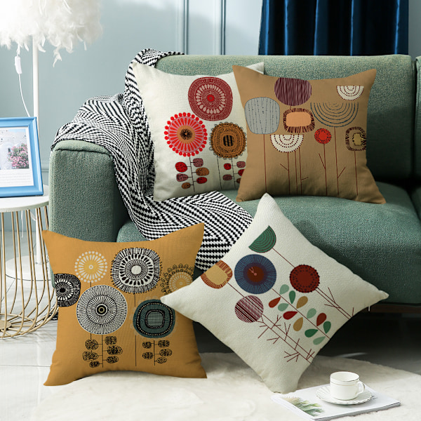 Sett med 4 dekorative putetrekk til sofa, blomstrete linputer, til sofa, seng, bil, hjem, 45x45cm