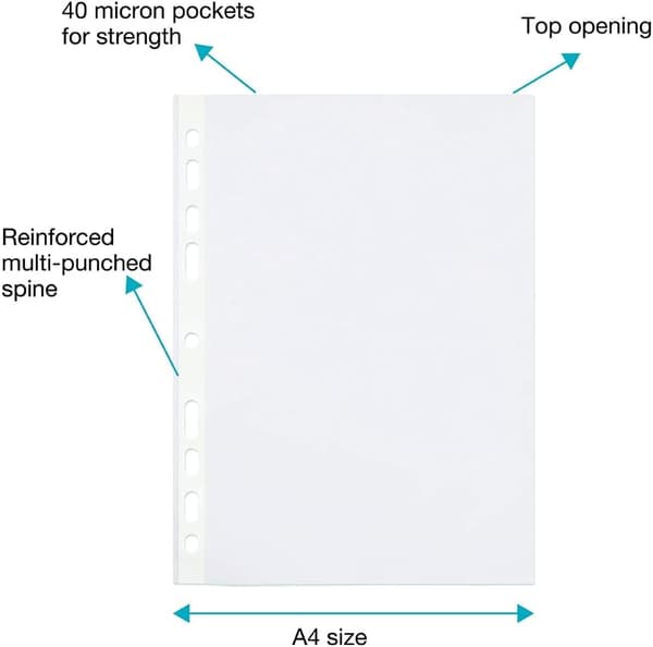Fickor, Transparenta A4-plastfickor, Förstärkt rygg, Multihål för ringpärmar, 200-pack 200pcs