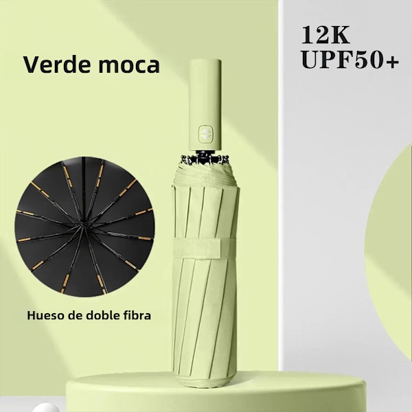 Automatisk foldbar paraply, vindafvisende, stor luksusparaply med sort belægning, 12 ribber, 1 stk 1pc Matcha Green