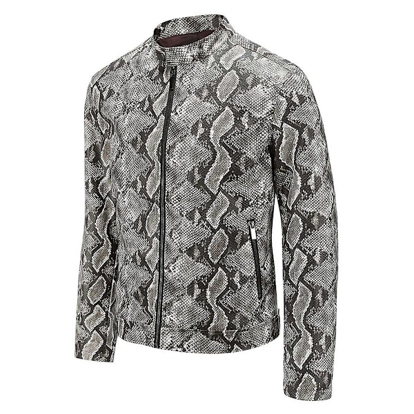 Herre Stand Collar Slangeskindsprint Fuld-Lynlås Pu Læderjakke Black S