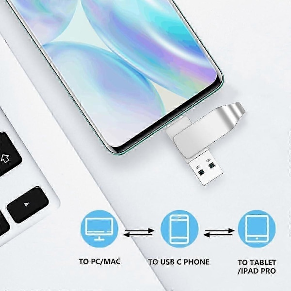 128GB USB Type-C Flash Drive Telefon Foto Stick USB C Thumb Drive Memory Stick Ekstern Datalagring til Android Telefon og Computere sølvfarvet