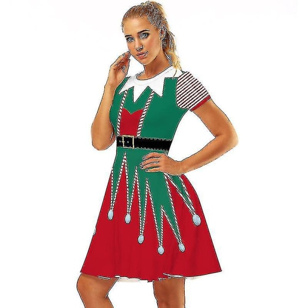 Ful klänning för kvinnor Röd grönt print julklänningar till jul L