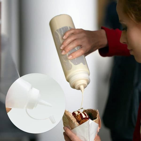 Set med 2 x 230 ml plastflaskor med lock för ketchup, klämflaskor för ketchup, etikett