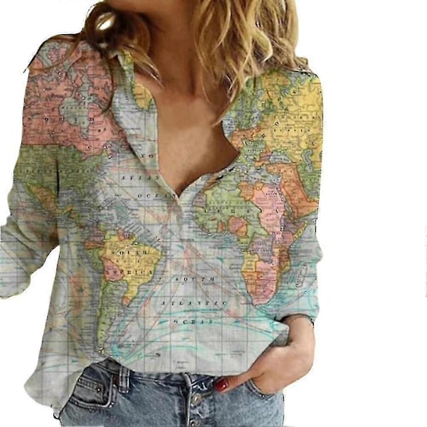 Verdenskart Trykk Skjorte Dame Langermet Bluse Sommer Hverdags Casual Topper Enkeltspent Nedfelt Krage Geografi Mønster/YY Color 01 S
