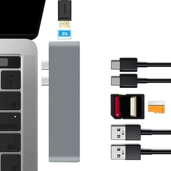 1 7-i-1 Dockingstation, Dobbelt USB-C-stik, HDMI 4K, USB 3.0, SD-kortlæser, til bærbar computer.