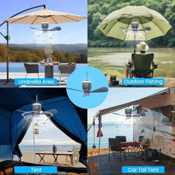12000mAh Bærbar Campingventilator med Lys til Camping, USB, til Telt, Pavillon, Autocamper, Soveværelse