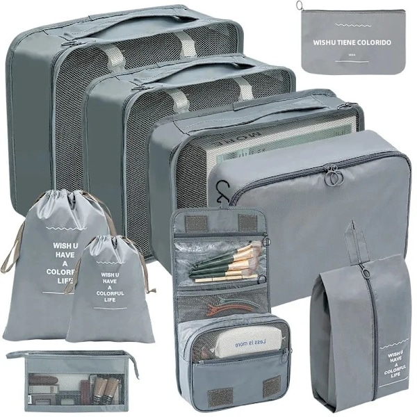 7/8/9/10 Delars Set Reseorganisatör Förvaringsväskor Resväska Packningskuber Set Fodral Bärbar Bagage Kläder Sko Ordning Påse Vikbar 10 pcs grey